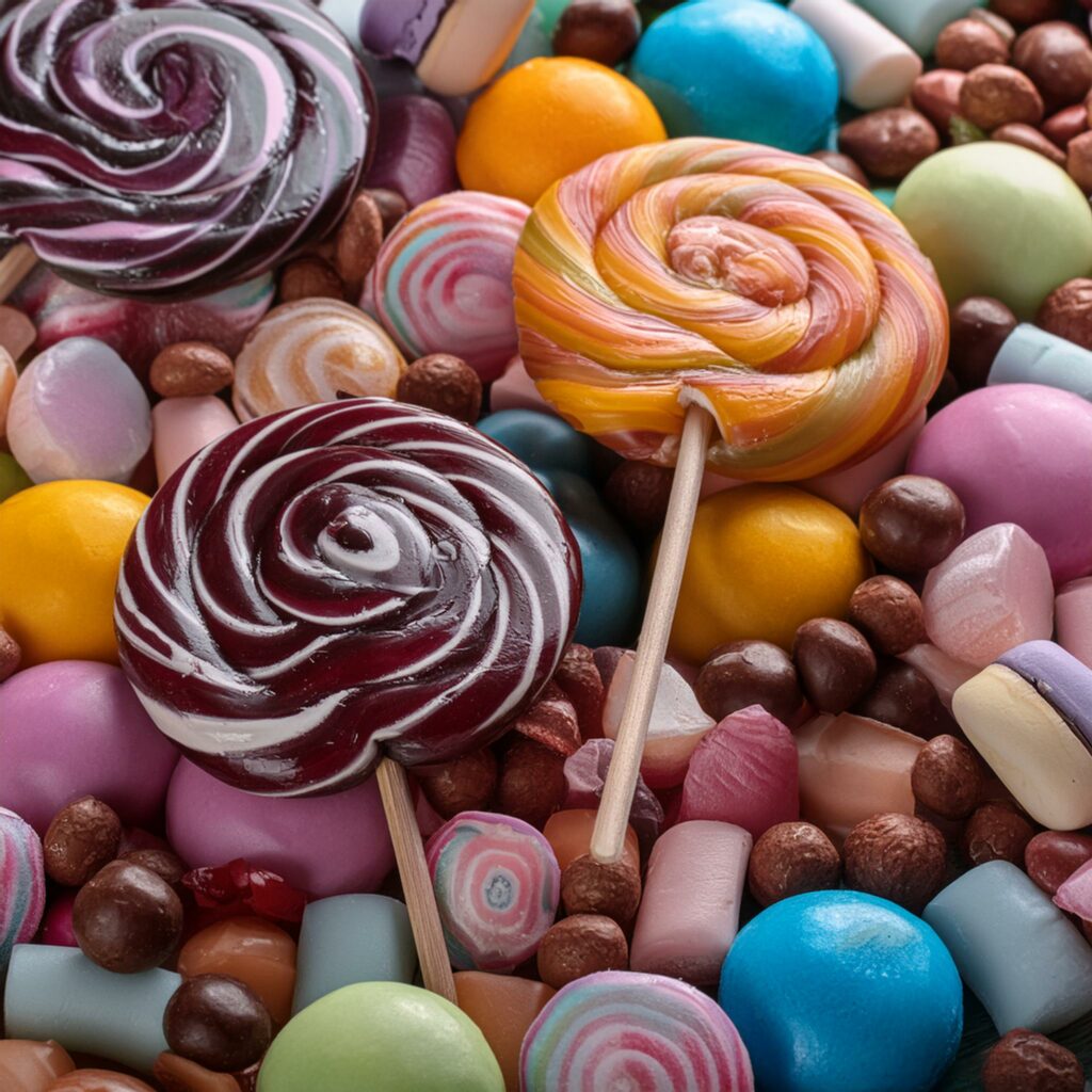 L'image représente des confiserie ou il y a des Lollipop ainsi que de multiples bonbons  